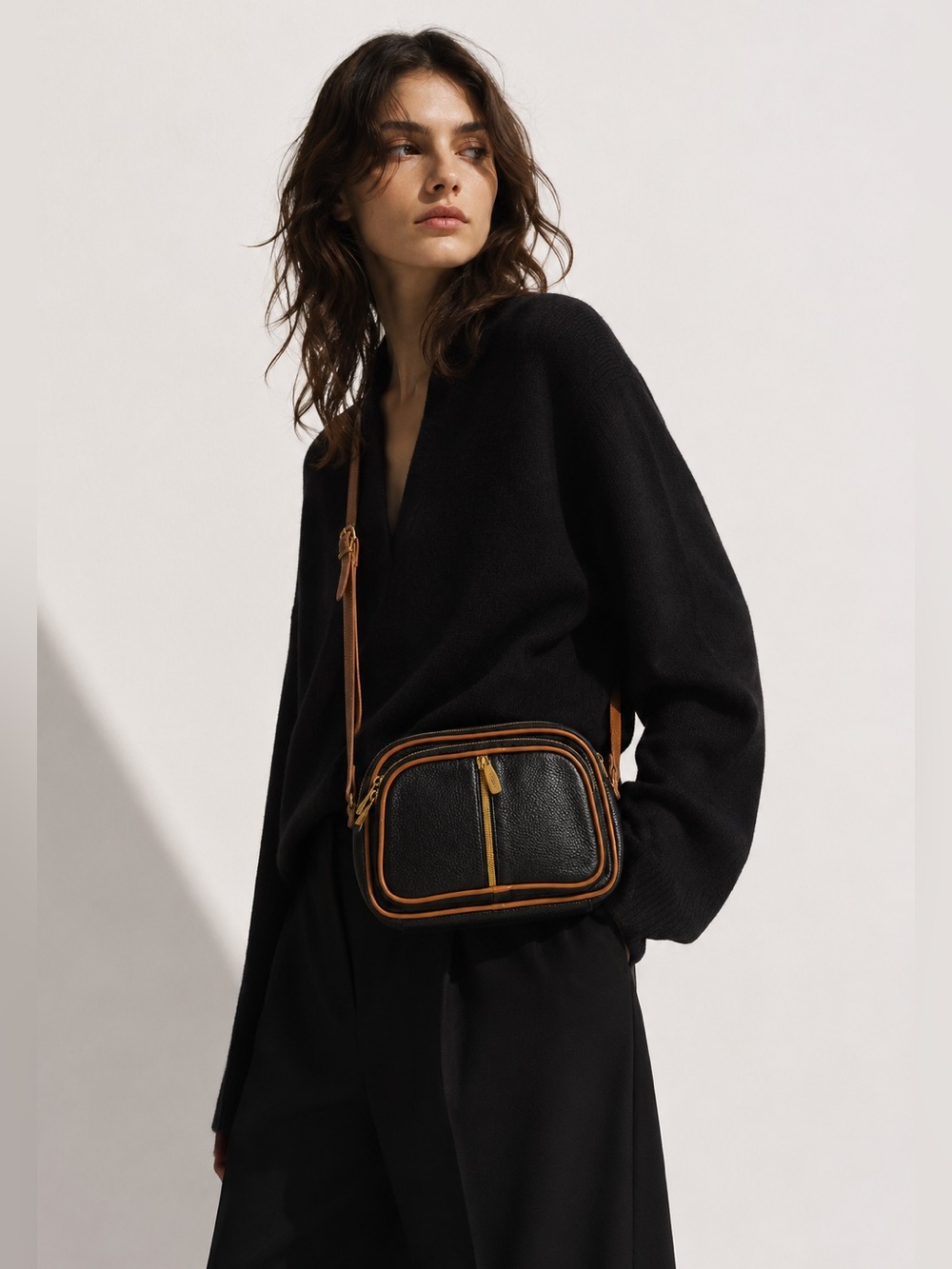 Valentina Genuine Leather Black & Tan Crossbody Bag Made in Italy